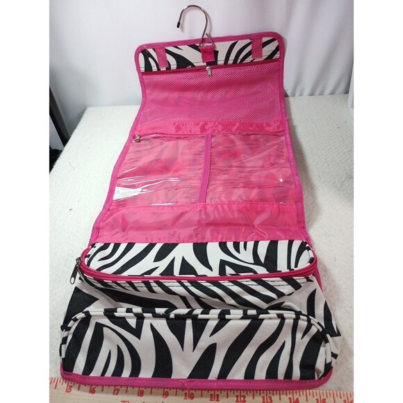 Women’s Hanging Toiletry Travel Bag Zebra Stripe Pink Interior Organizer - Picture 2 of 16